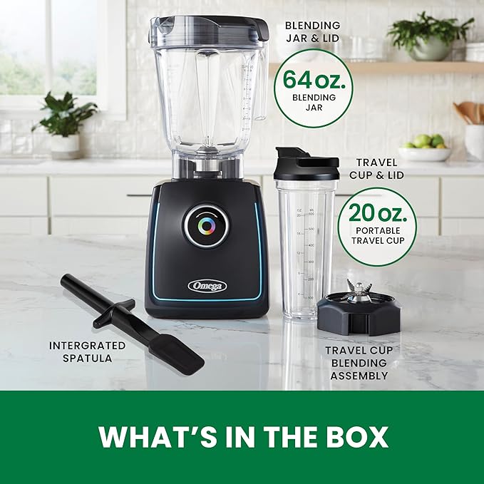 Omega ProForce Blender Professional Grade with Intellidial Technology Includes 20 Built-In Recipes 12 Variable Speeds 7 Pulse Settings and 64-Ounce Pitcher Plus Travel Cup 2HP/1400 Watts Black