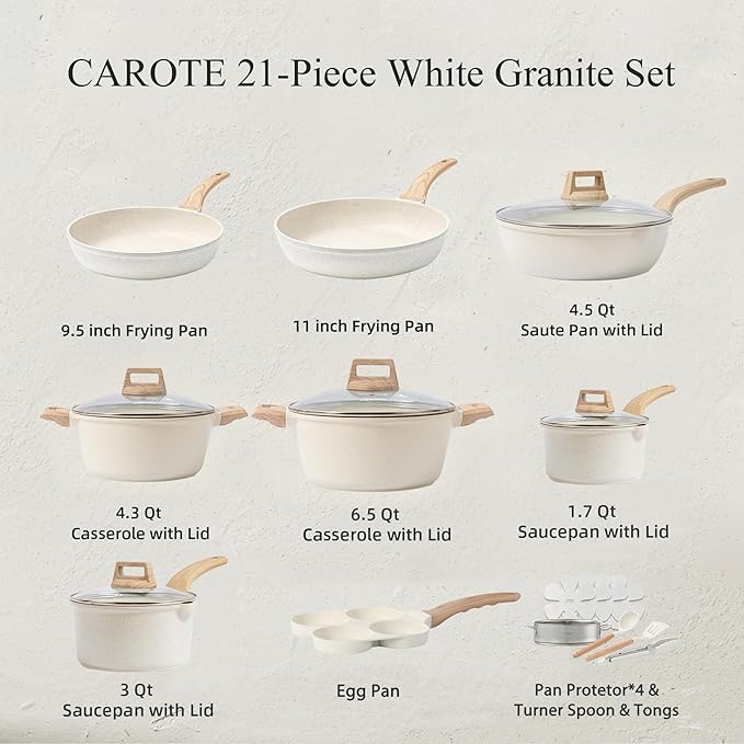 CAROTE 43pcs Cookware Utensil Set Nonstick Cookware Sets 446°F Heat Resistant Kitchen Utensils Gadgets Set