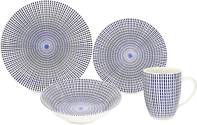 TUDOR ROYAL Porcelain 16-Piece Round Dinnerware Set Service for 4 Singapore Blue Design Blue Radial Plates Bowls Mugs Dishes Premium Quality Ceramic Tableware Unique Pattern Glossy