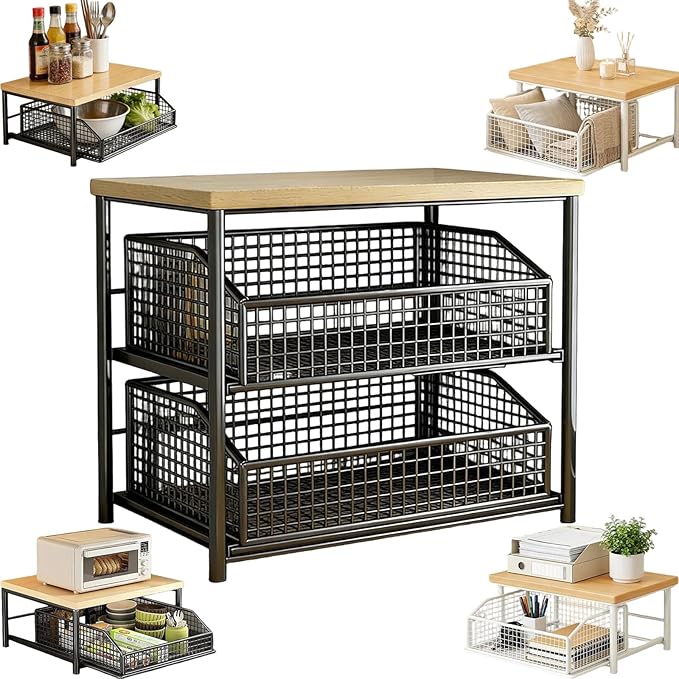 Kitchen Countertop Organizer with Drawer and Wire Basket 2-Tier Hardwood Shelf Space-Saving Storage for Microwave Coffee Maker Toaster Kitchenware (Double Deck-Black)