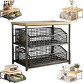 Kitchen Countertop Organizer with Drawer and Wire Basket 2-Tier Hardwood Shelf Space-Saving Storage for Microwave Coffee Maker Toaster Kitchenware (Double Deck-Black)