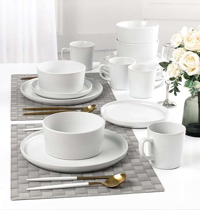 Lorren Home Trends White Stoneware Dinnerware Set 16 Piece Service for 4 Microwave and Dishwasher Safe
