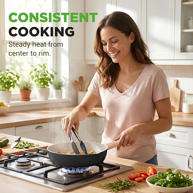 NutriChef 14-Piece Non-Stick Ceramic Cookware Set - Induction Safe Pots and Pans with Glass Lids Cool-Touch Handles Even Heat Distribution Dishwasher Safe Includes Ladle Tong Spatula (Black)
