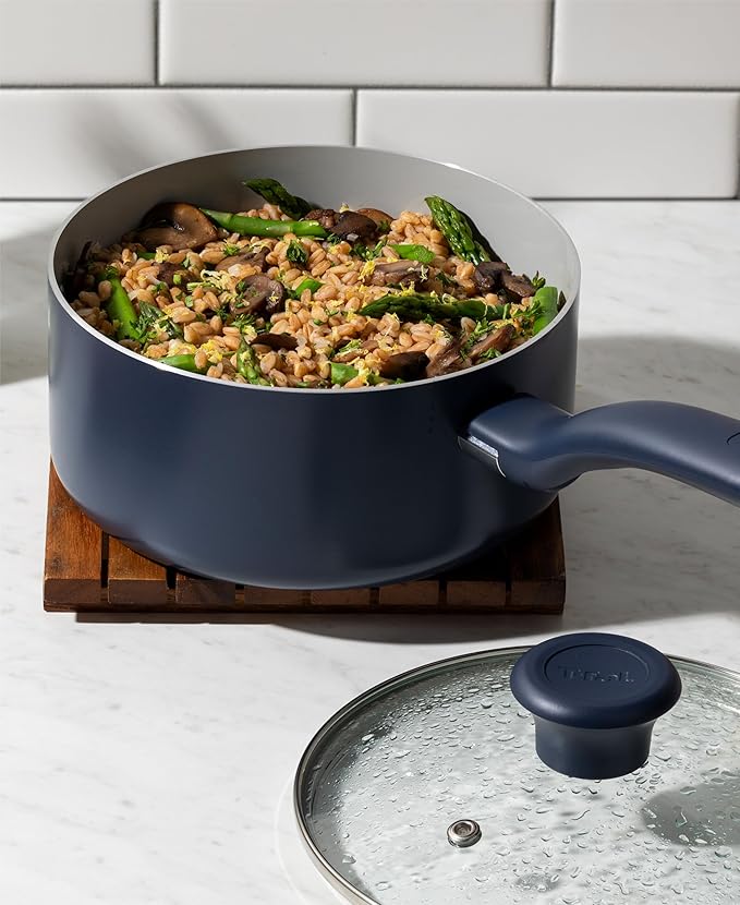T-Fal Ceramic Nonstick Cookware Set Oven Safe Up to 350ºF 12-Piece Includes Stockpot Frying Pans Utensils Ceramic Pots and Pans Set Dark Blue