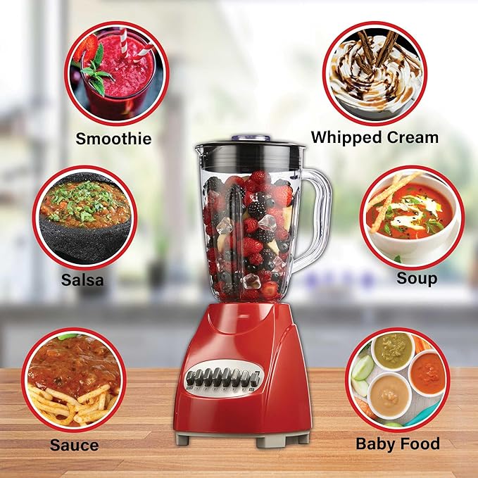 12-Speed Countertop Blender with Pulse Function – 50oz BPA-Free Jar Stainless Steel Blades Ice Crusher &amp Smoothie Maker 350W Kitchen Blender (Red)