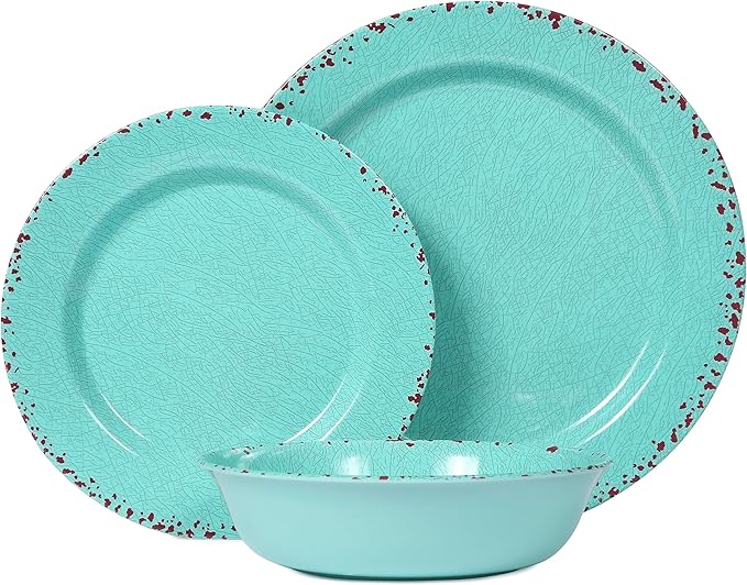 12 Pcs Melamine Dinnerware Sets Kitchen Plates and Bowls Set Camping Picninc Serving Dishes for Indoor Outdoor Dinner Plates Dishwasher Safe BPA Free Unbreakable Round Plates Turquoise