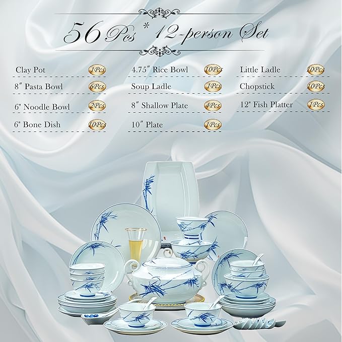 Fine Bone China Dinnerware Set Porcelain &ampCeramic Dinnerware SetsBone Stoneware &amp Ceramic Cookware Tableware Set Includes Dinner Plates|Spoons|Pasta Bowls|Soup Pot|Chopsticks (56 PCS)