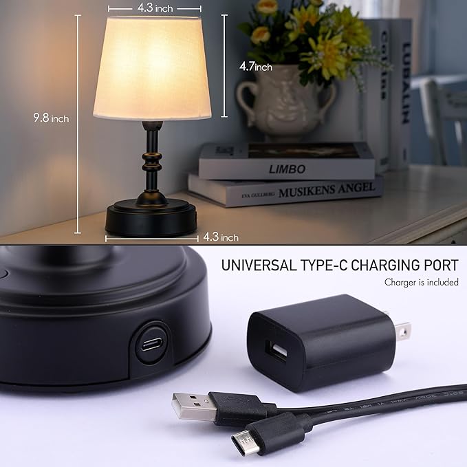 O’Bright Seraph mini – Cordless LED Table Lamp with Dimmer Built-in Rechargeable Battery 3-Level Brightness Patio Table Lamp Bedside Night Lamp Ambient Light for Restaurant Black