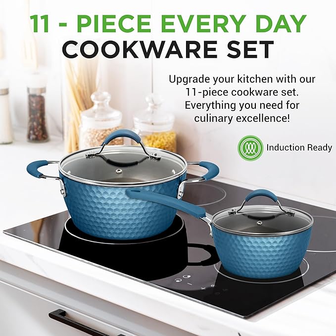 NutriChef 11 Pc Ceramic Cookware Set - Excilon Blue Diamond Nonstick Induction Ready Includes Saucepan Fry Pans Dutch Oven Utensils Dishwasher Safe - NCCW11BD.7