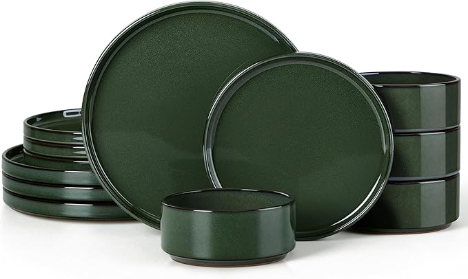 Herogo 12 Pieces Stoneware Dinnerware Set for 4 Ceramic Dinner Dishware Sets for Home Kitchen Plates and Bowls with Rustic Terracotta Bottom Dishwasher &amp Microwave Safe Dark Green