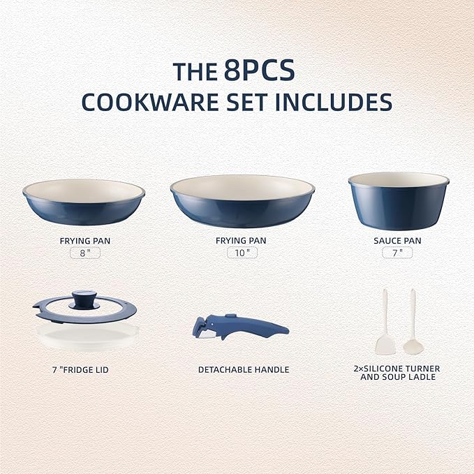 8PCS Ceramic CookwareNonstick Pan Removable Handle Ceramic Pots and Pans Set Stackable Set Nonstick Pan Pots and Pans Set Non Stick pot(Blue)