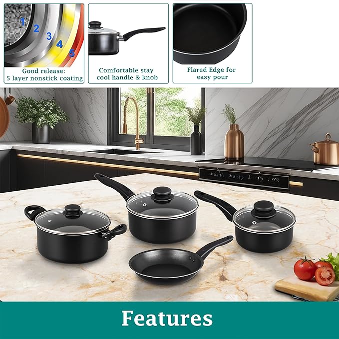 7-Piece Non-Stick Aluminium Pots and Pans Set Black - Scratch-Resistant Cookware Fast Heating &amp Non-Toxic for Daily Cooking