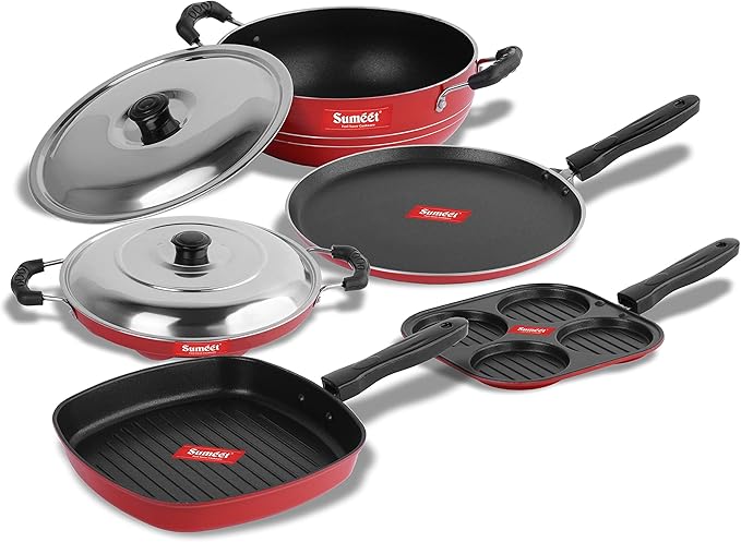 SUMEET Aluminium 2.6mm Thick Non-Stick Dearg Cookware Set (Red Dosa Tawa 26.5cm Dia Mini Multi Snack Maker 19.5cm Dia Kadhai with Lid 1.5Ltr Grill Appam Patra with Lid 23cm Dia Grill Pan 1.1Ltr)