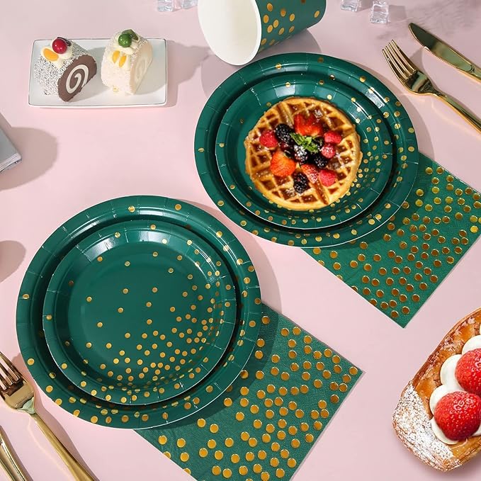 175Pcs Green Plates and Napkins Party Supplies Green and Gold Party Decorations for Birthday Graduation Party Decorations Serve 25