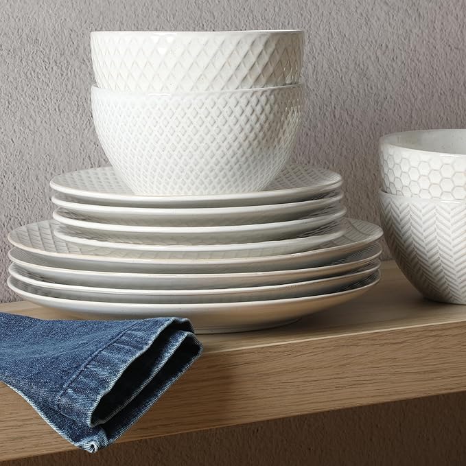 Gibson Elite Oyster Tide Embossed 12 Piece (Service for 4) Plates and Bowls Reactive Glaze Round Dishes Stoneware Ceramic Dinnerware Set White