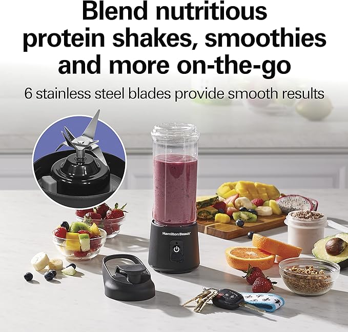 Hamilton Beach Mini Cordless Portable Personal Blender for Shakes and Smoothies USB Rechargeable 16 oz. Jar with Leakproof Travel Lid 6 Stainless Steel Blades Black (51180)