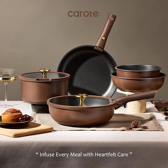 CAROTE 21pcs Pots and Pans Set Nonstick Cookware Set Detachable Handle Induction Kitchen Cookware Sets Non Stick with Removable Handle RV Cookware Set Oven Safe Brown