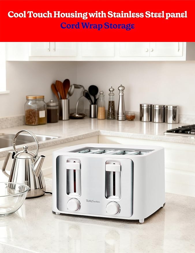 Betty Crocker 4-Slice Toaster 1500W Variable Toast Shade Control Dials High Lift Feature Cool Touch Housing Bread Centering Guides Drop Down Crumb Tray BC-5635W White