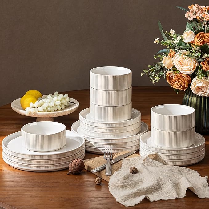 GBHOME Stoneware Dinnerware Sets for 4 12 Pieces Ceramic Ribbed Plates and Bowls Set Reactive Glaze Stackable Plate Sets Scratch Resistant Dishes Microwave &amp Dishwasher Safe Antique Cream