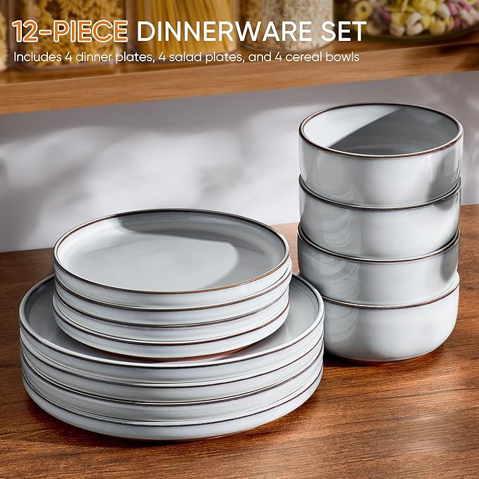 Vesteel 12-Piece Dinnerware Set Ceramic Plates and Bowls Set for 4 Reactive Glaze Tableware Set with Purple Clay Base for Home Chip &amp Scratch Resistant Stoneware Moonlight White