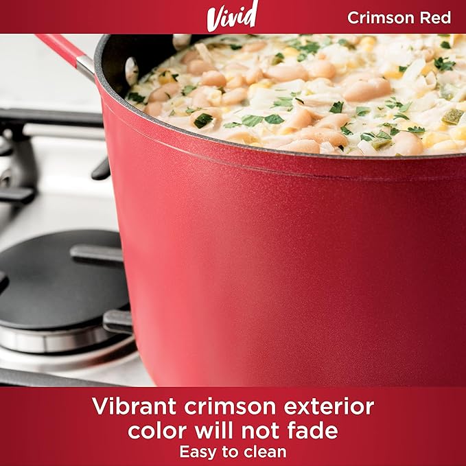Ninja C28000 Foodi NeverStick Vivid 8-Piece Cookware Set with Lids Nonstick Durable &amp Oven Safe to 400°F Cool-Touch Handles Crimson Red