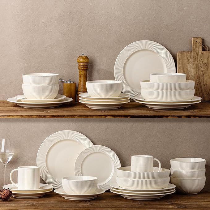TheTerra Stoneware Dinnerware Sets for 4 12 Pieces Ceramic Plates and Bowls Sets Scratch Resistant Embossed Dish Set Oven Microwave &amp Dishwasher Safe Beige