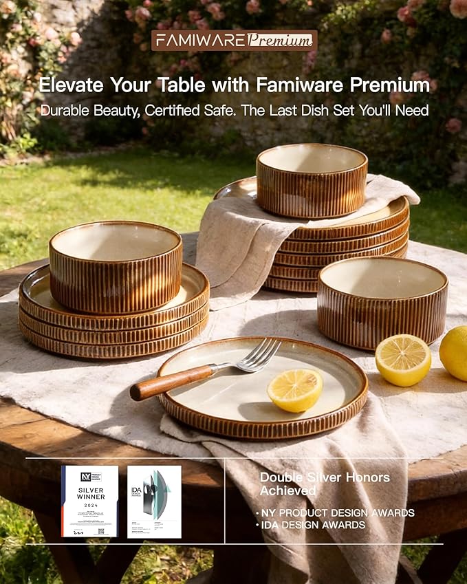 Stoneware Dinnerware Sets Handcrafted Double Reactive Glaze Plates and Bowls for Everyday &amp Formal Dining Microwave &amp Dishwasher Safe Scratch Resistant Dishes Service for 4 (12-Piece) Crea