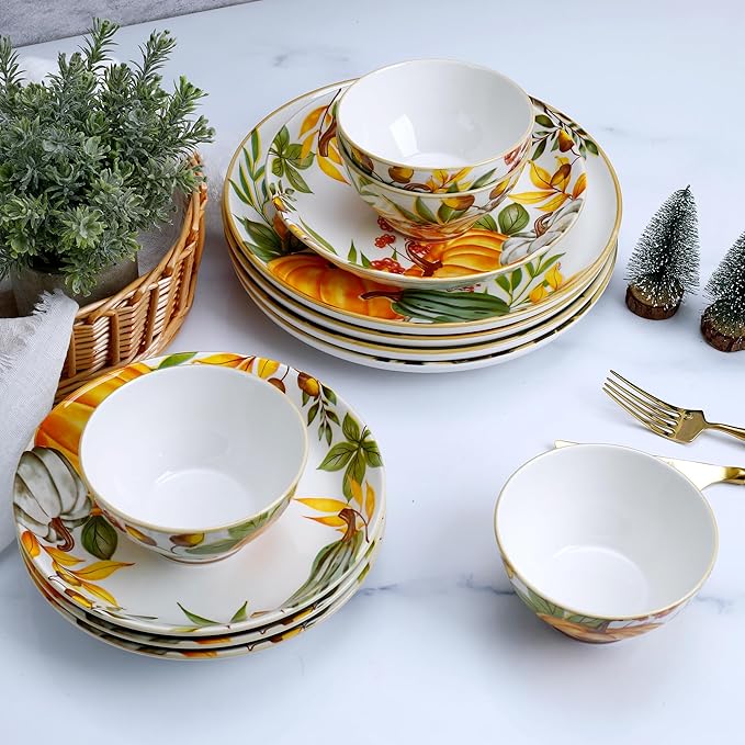 12-Piece Porcelain Dinnerware Set Service for 4 Pumpkin Pattern Plates &amp Bowls Microwave and Dishwasher Safe Dinnerware Set