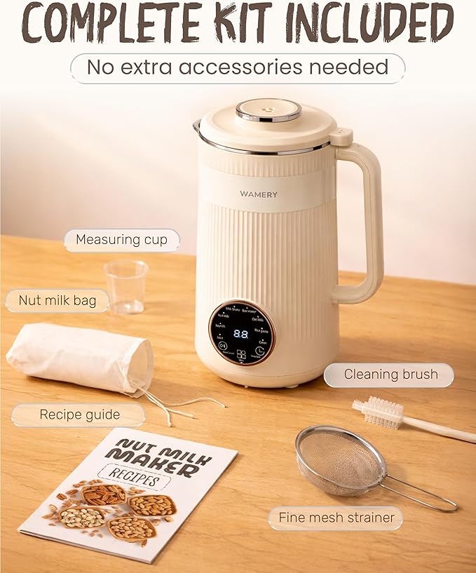 Wamery 32oz Nut Milk Machine (Black) - Soy Milk Maker for Almond &amp Oat Fruit Blender Automatic Heated Programs Self‑Cleaning Delay Start Keep Warm &amp Boil Water 1‑Liter Capacity with Star