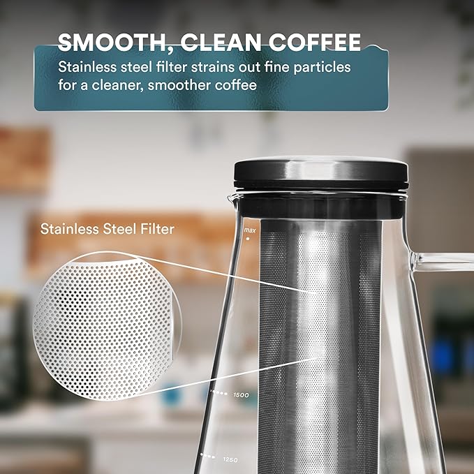 OVALWARE Airtight Cold Brew Iced Coffee Maker Pitcher (&amp Iced Tea Maker) with Spout – 1.5L/ 51oz Brewing Glass Carafe with Removable Stainless Steel Filter