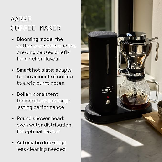 aarke Coffee Maker - Electric Drip Brewer with Automatic Drip-Stop Glass Carafe Brews Full Pot in Under 6 Minutes SCA certified Matte Black