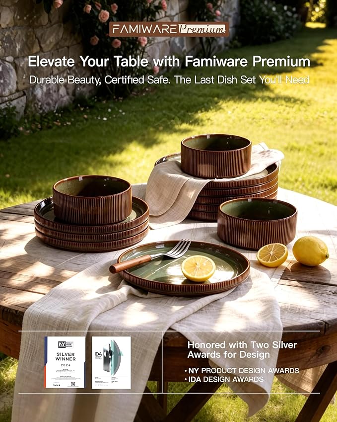 Stoneware Plates and Bowls Dishes Sets Service for 6 (18-Piece) Famiware Premium Handcrafted Reactive Glaze Dinnerware Set with Raised Rim Scratch Resistant Microwave Dishwasher Safe Moss Cocoa