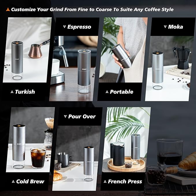 Portable Electric Coffee Grinder Rechargeable Wireless Handheld Grinder with Stainless Steel Conical Burr Adjustable Grind Settings for Espresso Moka Pour Over French Press Cold Brew