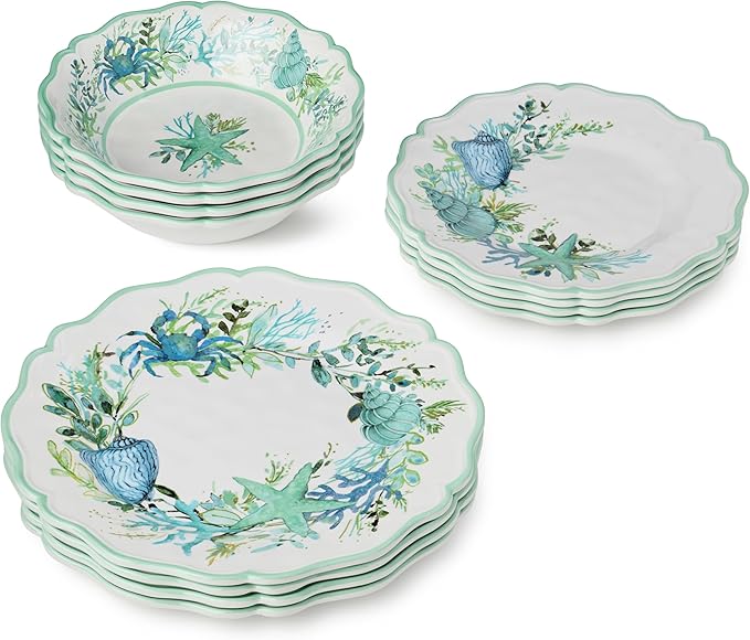 Sea Glass 12 Pc. MELAMINE DINNERWARE SET SERVICEfor 4 coastal mix‑and‑match plates and bowls with ocean motifs ideal for indoor outdoor dining beach homes patios poolside meals