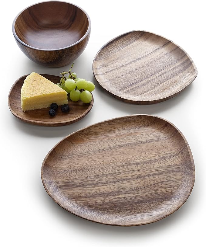 Foree Wooden Dinnerware Set – 4-Piece Acacia Wood Tableware | Large Medium Small Plates &amp Salad Bowl | Handcrafted Solid Wood Serving Set