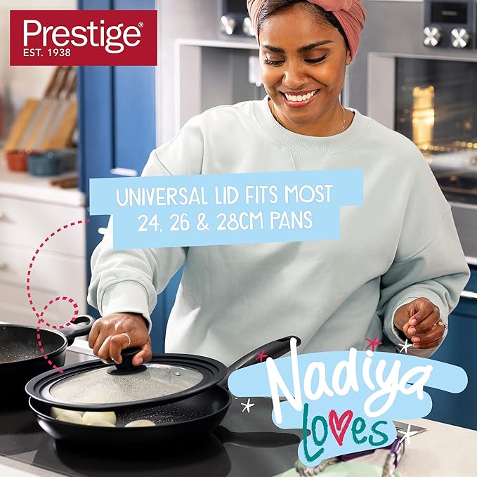Prestige x Nadiya Non Stick Frying Pan Set of 2 with Universal Glass Lid &amp Stay Cool Handles - Stackable Induction Frying Pans 24cm &amp 26cm Oven and Dishwasher Safe Black