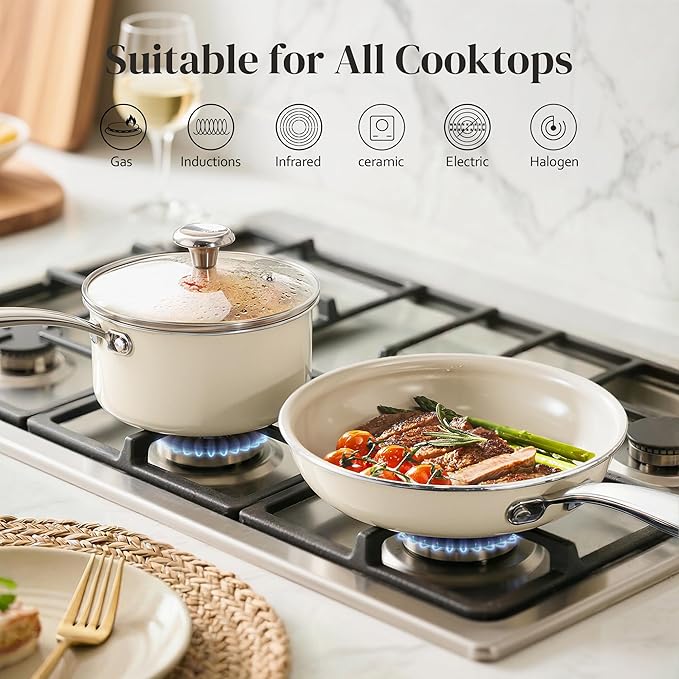 Redchef Sauce Pan &amp Frying Pan Set 8 Ceramic Nonstick Fryingpan &amp 2.5Qt Saucepan with Lid Mini Cookware Set Induction Compatible Nontoxic PTFE PFOA Free Oven &amp Dishwasher Safe Beige