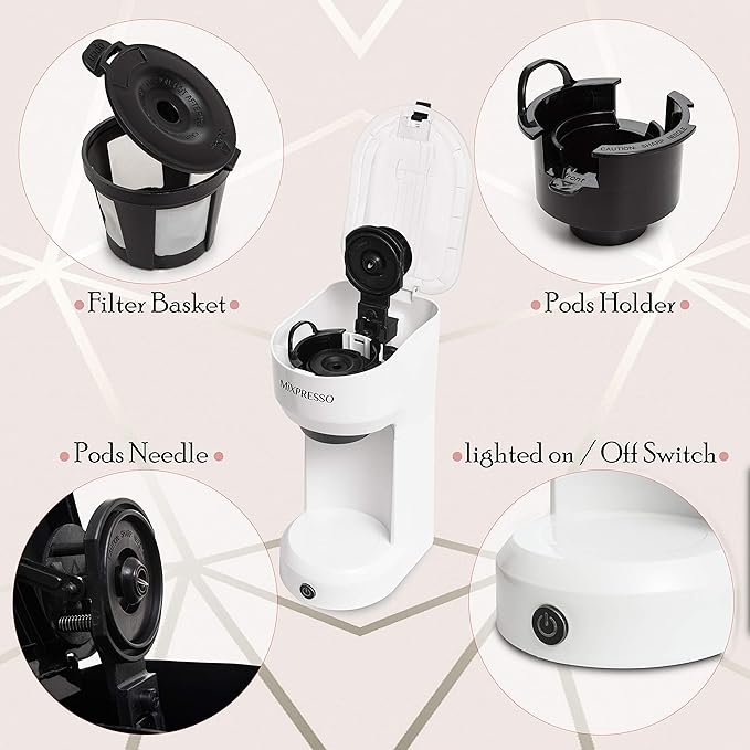 Mixpresso 2-in-1 Single Serve Coffee Maker - K-Cup &amp Ground Coffee Compatible - Fast 2-3 Min Brewing - Compact 14oz White Coffee Machine for Home Office