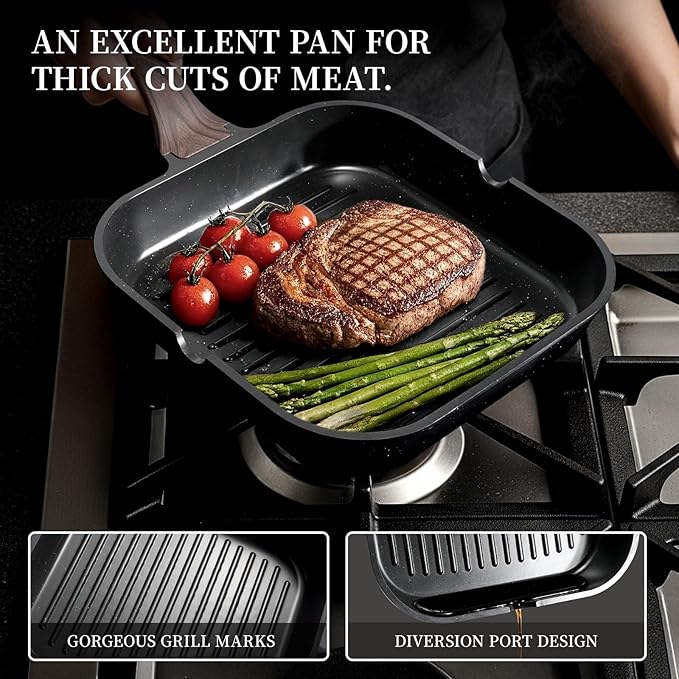 Kikcoin 16Pcs Pots and Pans Set Nonstick Ceramic Cookware Sets Induction Kitchen Cooking Set Non toxic Healthy Non Stick w/Grill Pan Saute Pan Black