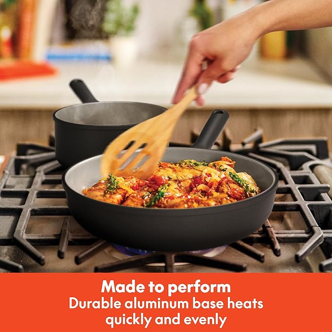 bella 7 Piece Cookware Set with EverGood™ Ceramic Nonstick Coating Dishwasher Safe Oven Safe All Stovetops Compatible Glass Lids with Silicone Rims Cool Touch Handles Black