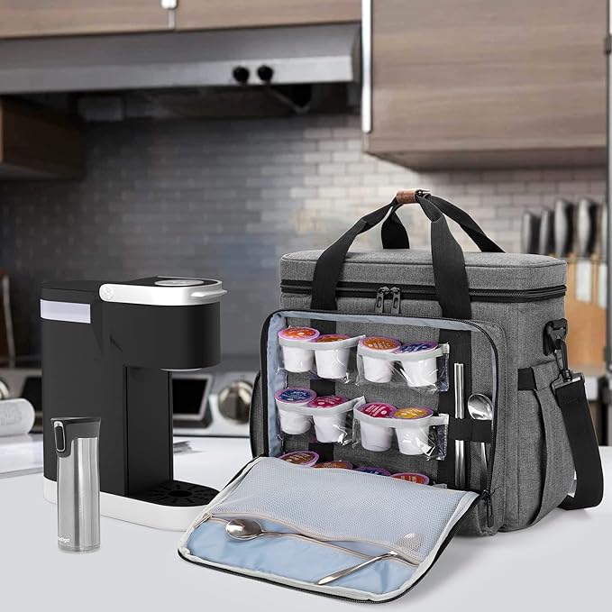 CURMIO Coffee Maker Travel Bag Compatible with Keurig K-Mini or K-Mini Plus Single Serve Coffee Brewer Carrying Case with Multiple Pockets for K-Cup Pods Travel Mugs Gray (Bag Only Patent Design)