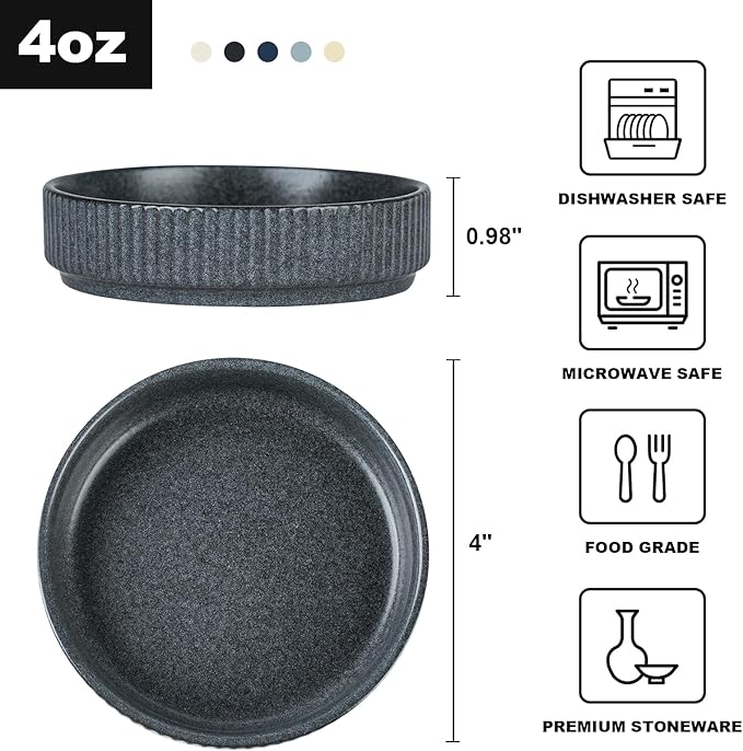 Famiware Dinnerware Set for 4 (12 Piece) and 8.25 Paste Bowl Set (4 Piece) and 4oz Dipping Bowl Set (6 Piece) - Star Stoneware Dishes - Matte Dark Charcoal