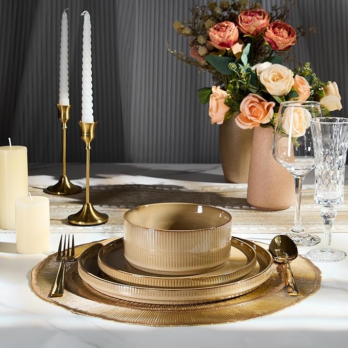 E-far 16 Piece Dinnerware Sets Plates and Bowls with Pasta Bowls Service for 4 Modern Stoneware Ribbed Dishes for Kitchen Dining Microwave &amp Dishwasher Safe Caramel Khaki