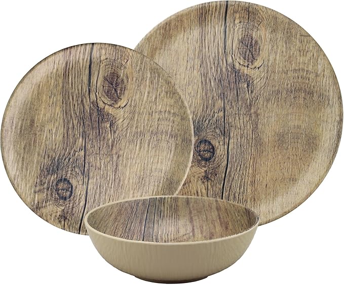 UPware 12 Piece Wood Grain Melamine Dinnerware Sets Outdoor Dishes Set Plates and Bowls Sets Service for 4 Brown