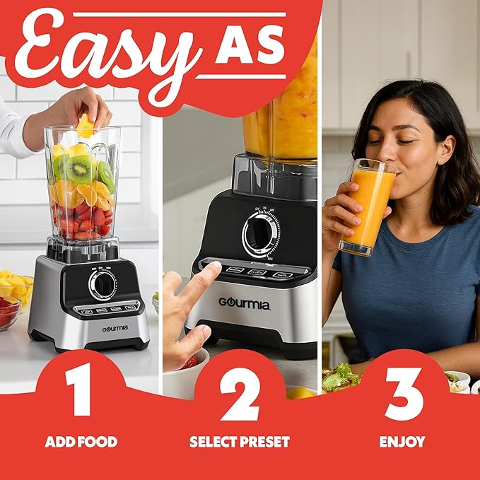 Gourmia Heavy Duty Countertop Blender – 2L BPA-Free Pitcher 1500W High-Speed Motor 45000 RPM 4 Presets Variable Speed Dial Built-In Tamper Dishwasher-Safe Parts Stainless Steel