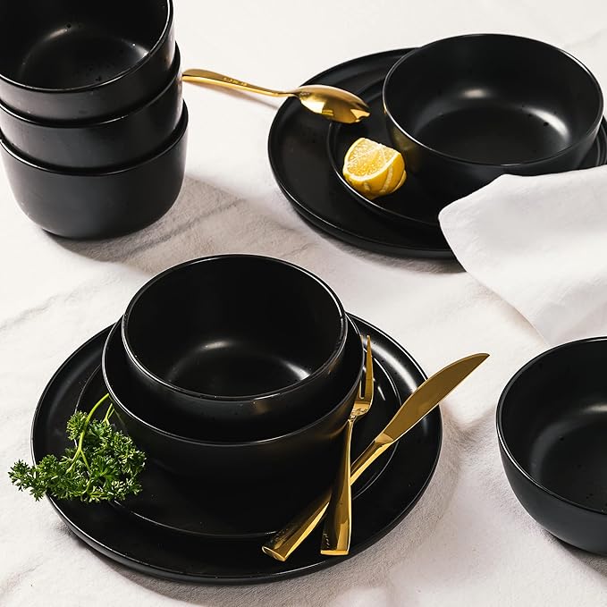Gibson Elite James Street Stoneware Matte Reactive Double Bowl Dinnerware Set - Pepper Black Service for 4 (16pcs)