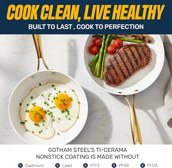 Gotham Steel 12 Pc Ceramic Cookware Set Nonstick Ceramic Pots and Pans Set Non Stick with Steamer for Cooking Non Toxic PFOA PFOS Free Premium Stay Cool Handles Oven &amp Dishwasher Safe