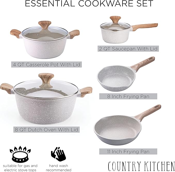 Country Kitchen Non-Stick Cast Aluminum Cookware Set - Durable Kitchen Cookware for Everyday Cooking Speckled Cream 8 Pc.