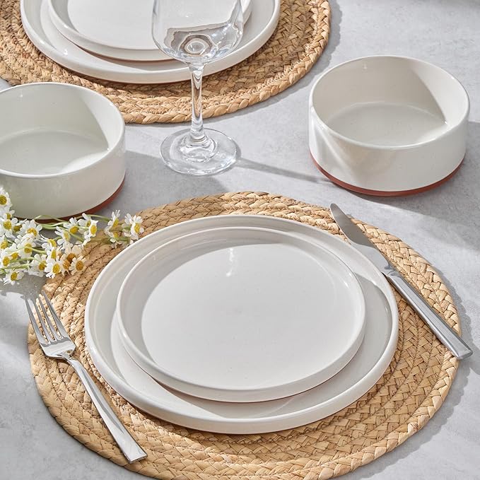 LIANYU Stoneware Dinnerware Sets Service for 6 18 PCS Plates and Bowls Sets Handmade Ceramic Dish Set Highly Chip and Crack Resistant Modern Plate Set Cloud White