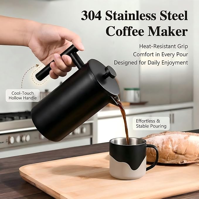 YJX 34oz Coffee Maker Stainless Steel French Press 1 Liter Camping Coffee Pot Tea Maker 34 Ounce Travel Coffee Presses Heat Resistant Double Insulated (Black)